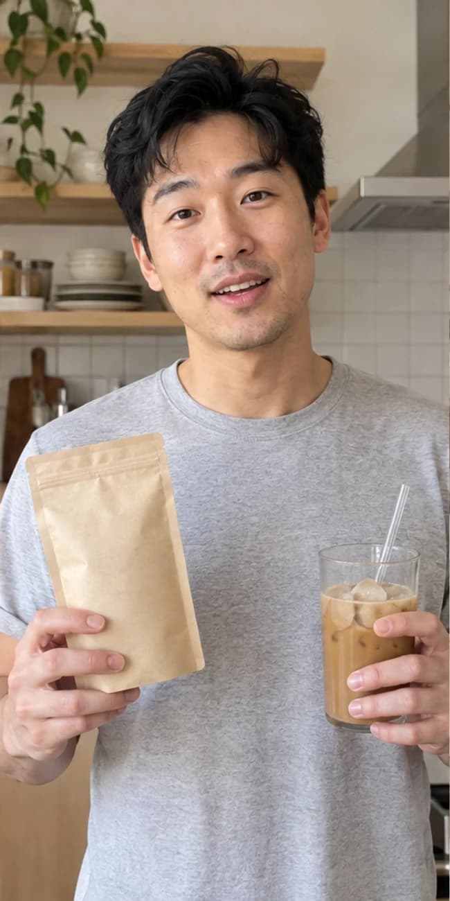 AI-generated image of a creator presenting an unbranded coffee product